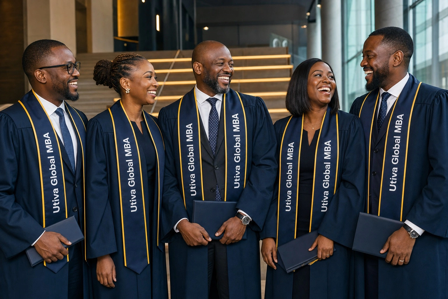 Illustrative group of African professionals wearing Utiva Global MBA graduation sashes